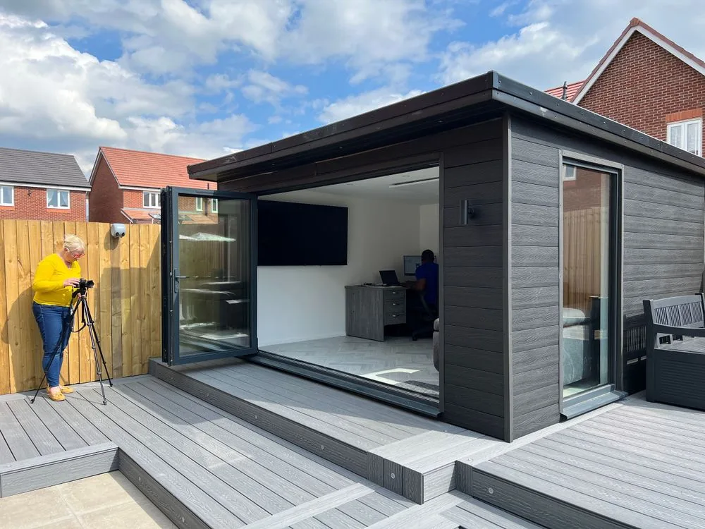 Garden office build — professional outdoor structure with decking